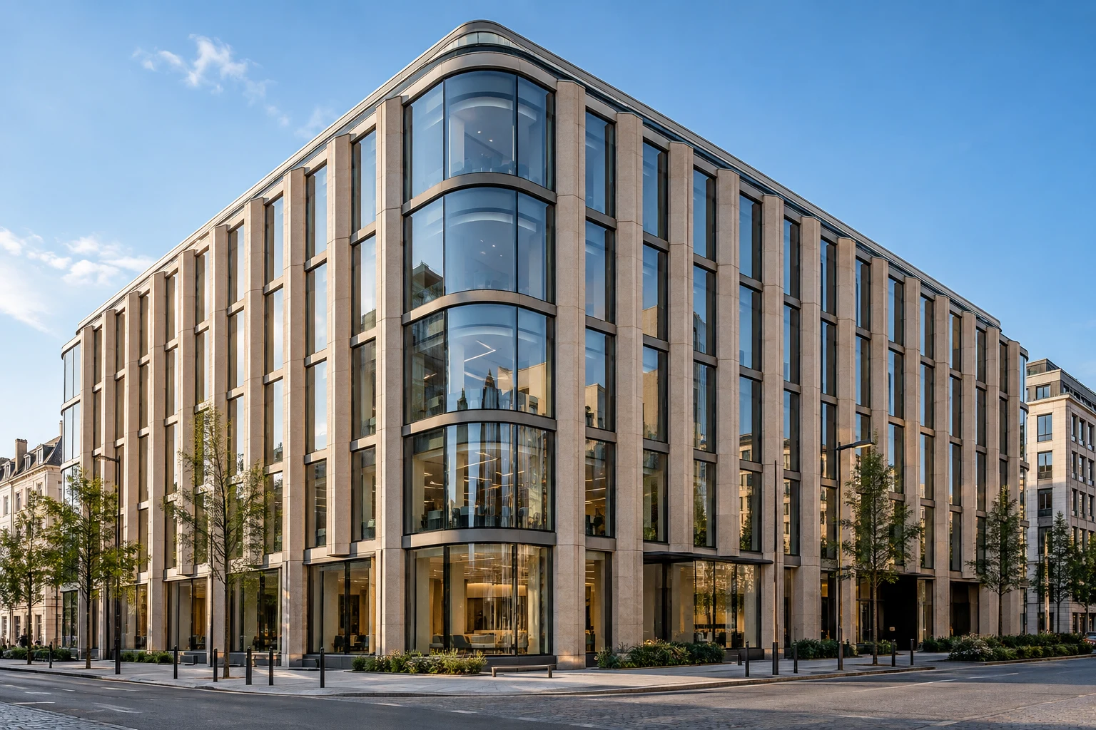 Contemporary office architecture with curved glazing and warm stone fins