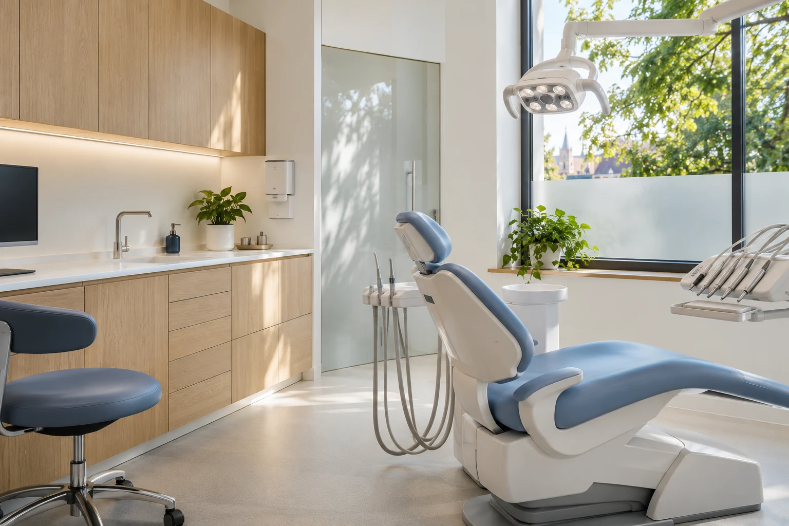 Een lichte behandelkamer met een lichtblauwe tandartsstoel en natuurlijke materialen