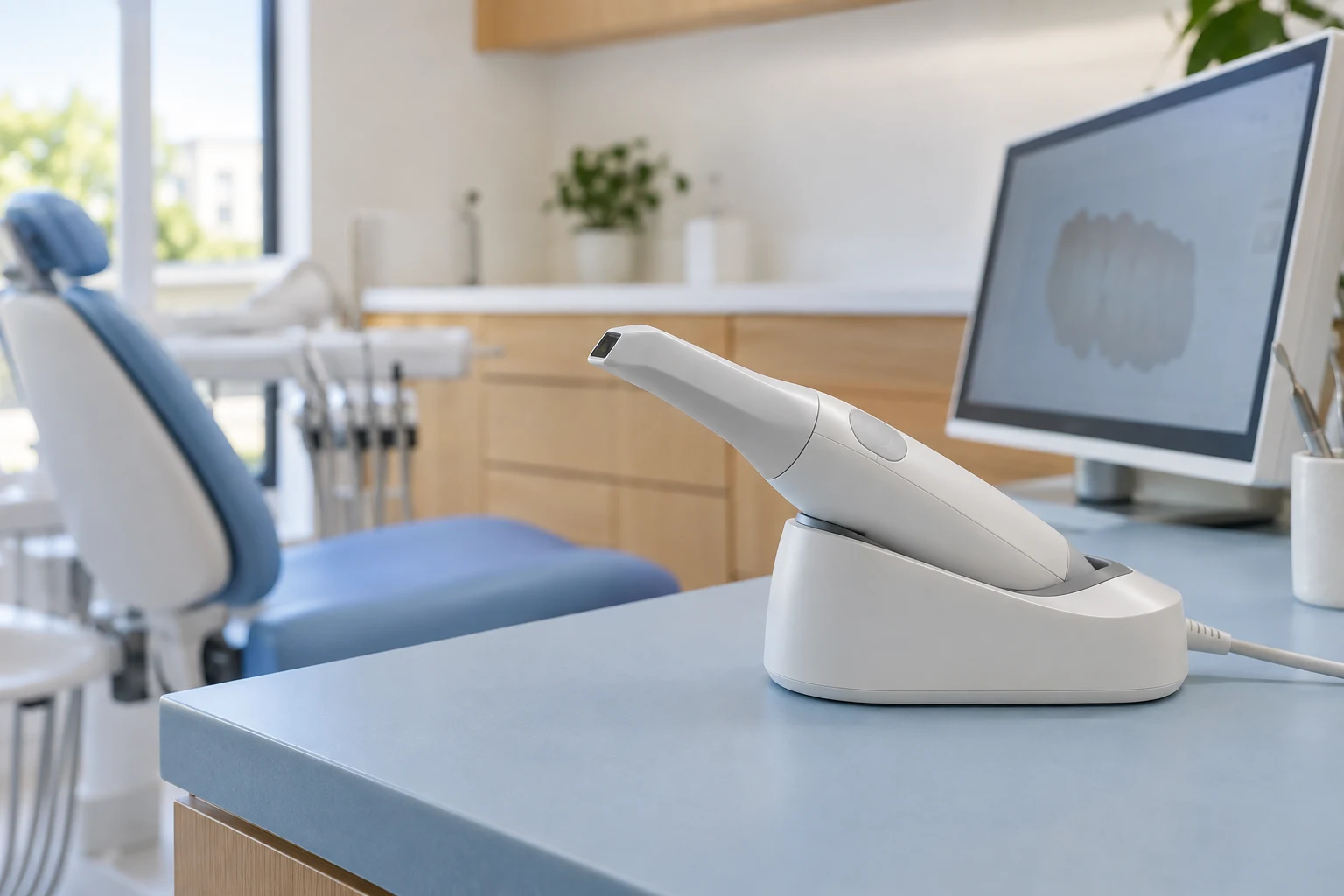 Een moderne intraorale scanner in een rustige, lichte tandartspraktijk