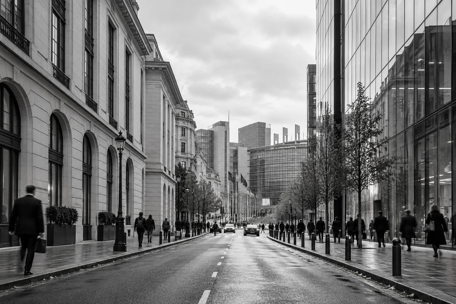 A quiet European business district, framed by limestone and glass buildings