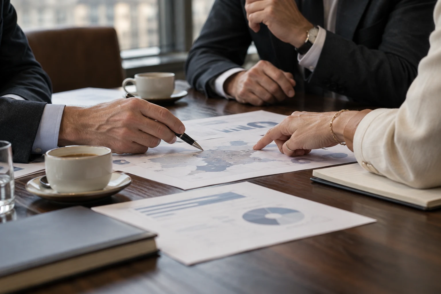 A small group reviewing business plans around a boardroom table
