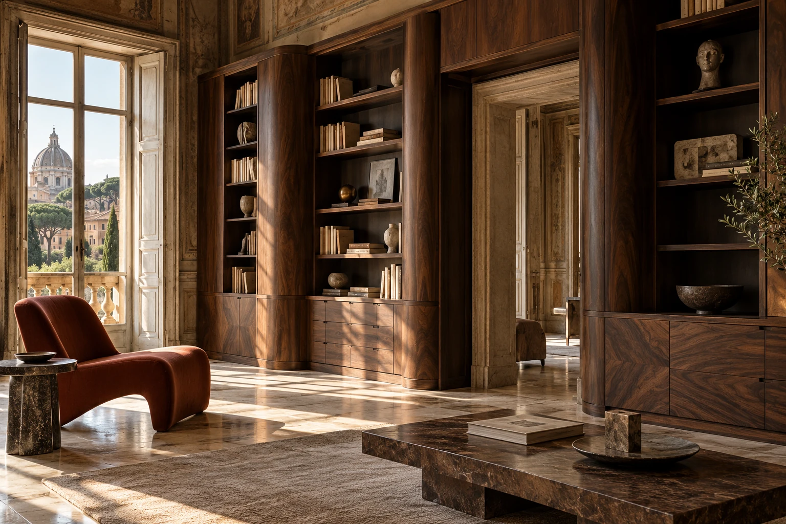 Bibliothèque sur mesure en bois sombre dans un salon italien