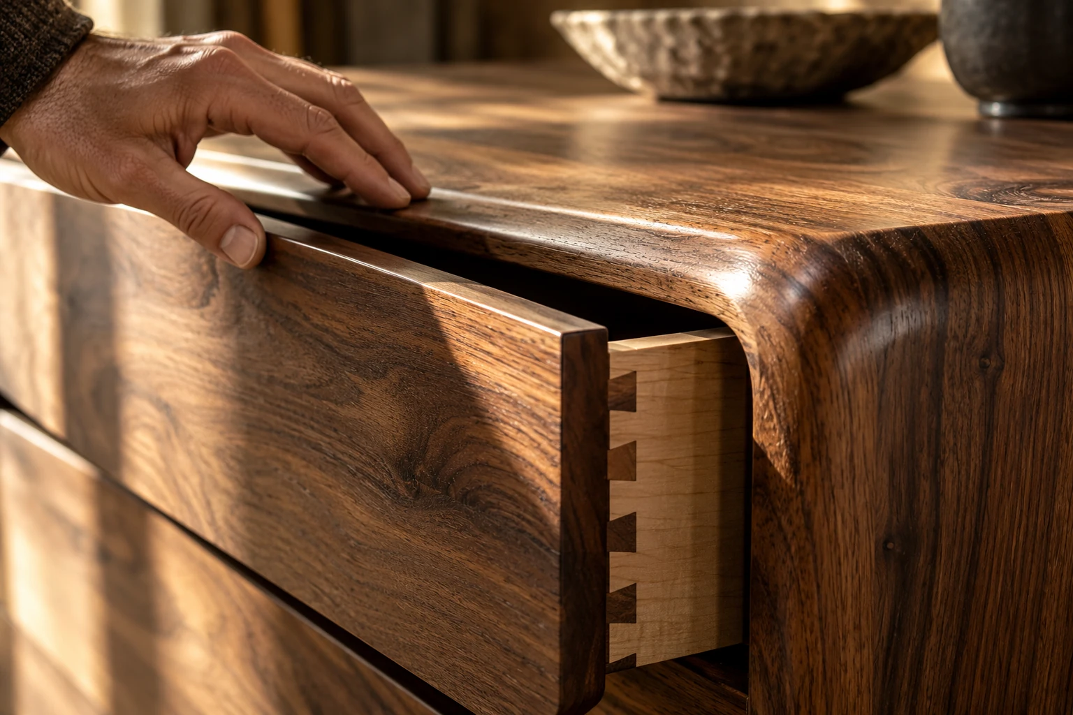 Détail d’un tiroir en noyer et de son assemblage artisanal