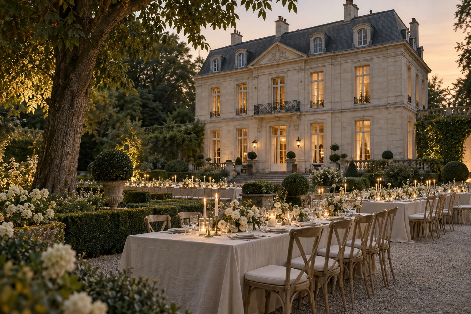 Une réception élégante dans le jardin de la maison, à l’heure dorée