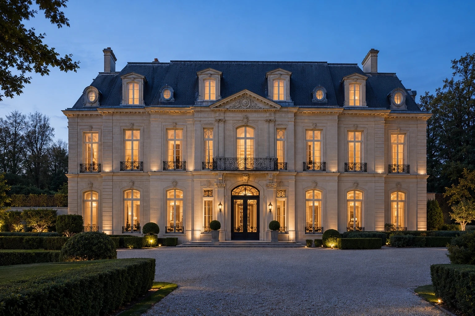 Une demeure classique en pierre claire, illuminée à la tombée du jour