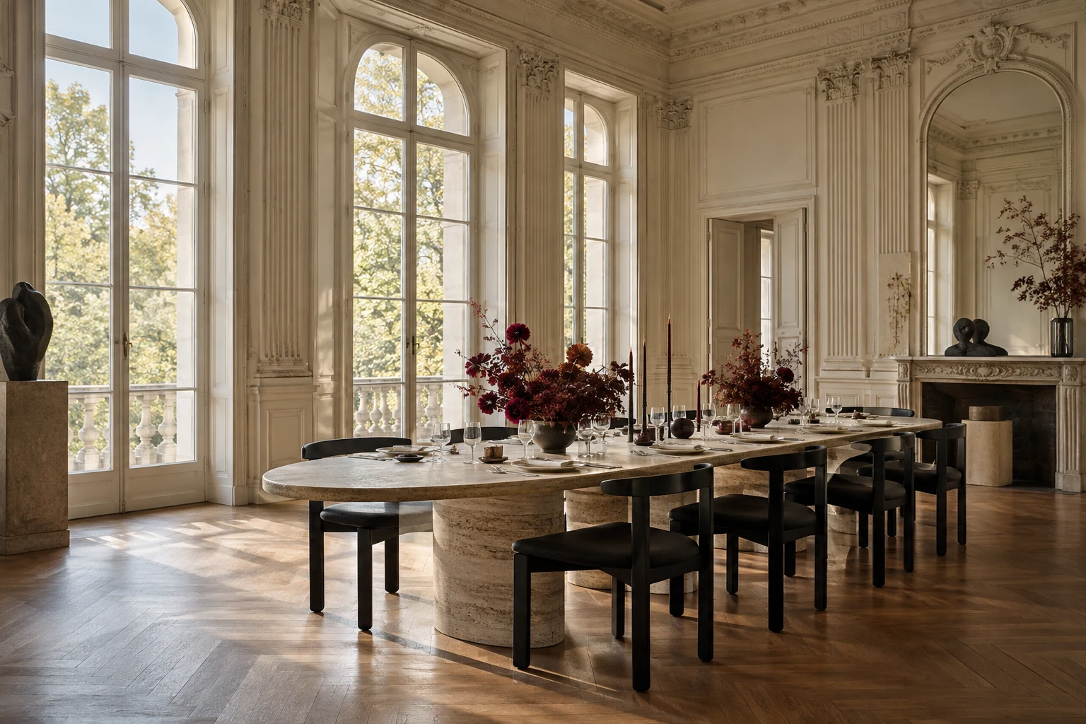Moulures classiques, parquet ancien et mobilier contemporain dans le grand salon