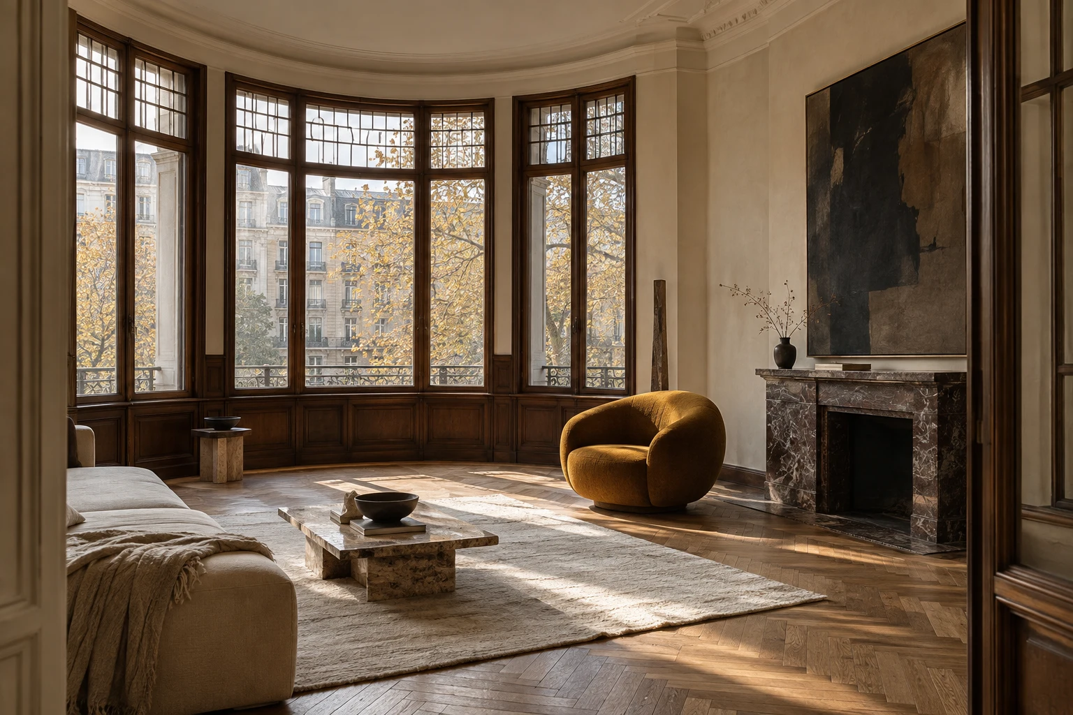 Un salon Art déco lumineux, avec boiseries et parquet ancien